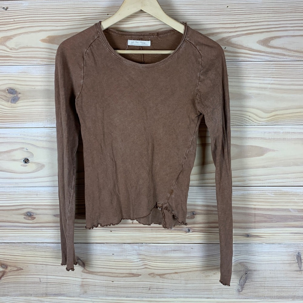 We The Free Top Womens Medium Brown Long Sleeve Raw Hem Cotton‎ Slouchy Boho